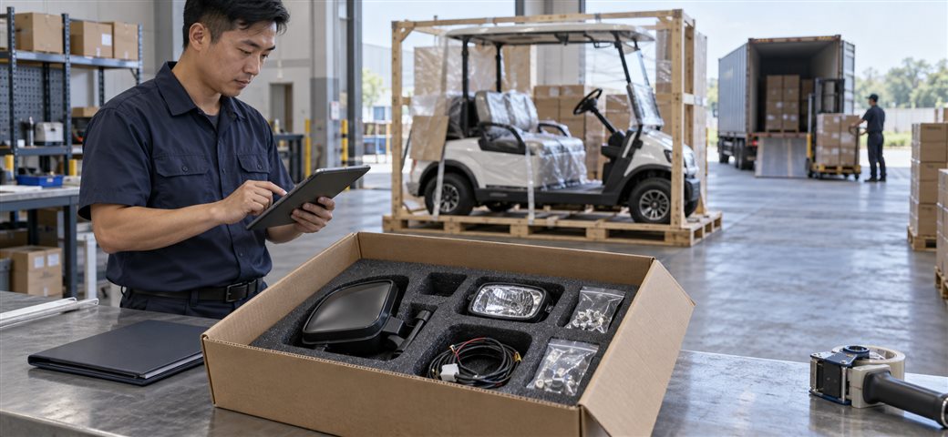 Person checking components beside an unfinished golf cart frame