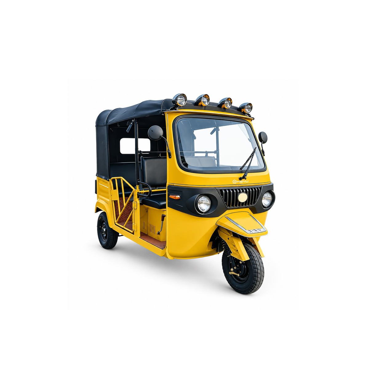 Yellow DY 200cc passenger tuk tuk viewed from the front corner