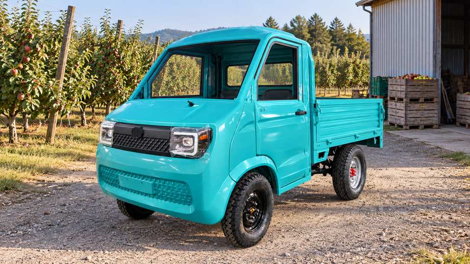 Turquoise electric pickup with an open cargo bed beside a wooden building