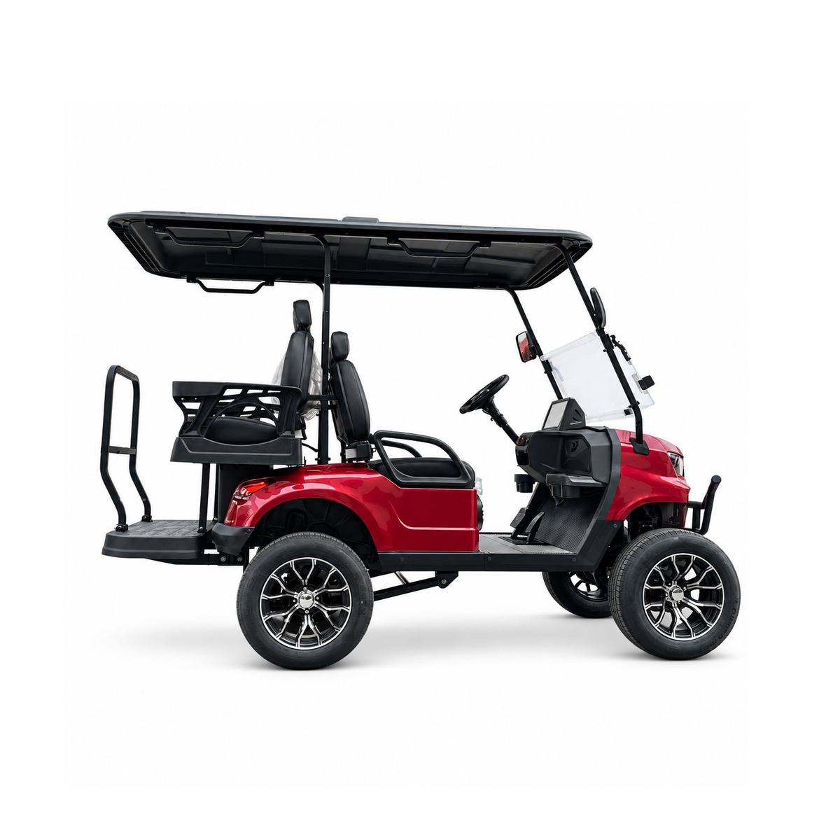 Red 2+2-seat electric golf cart with a rear-facing seat and black roof
