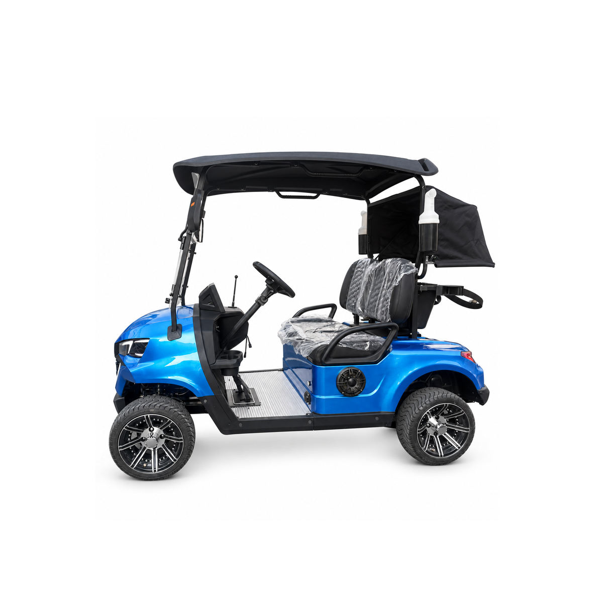Blue two-seat electric golf cart with a black roof, viewed from the side