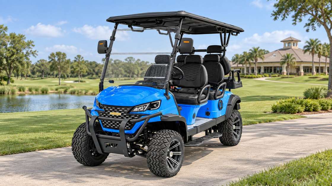Blue multi-seat electric golf cart with a black roof beside a landscaped pond