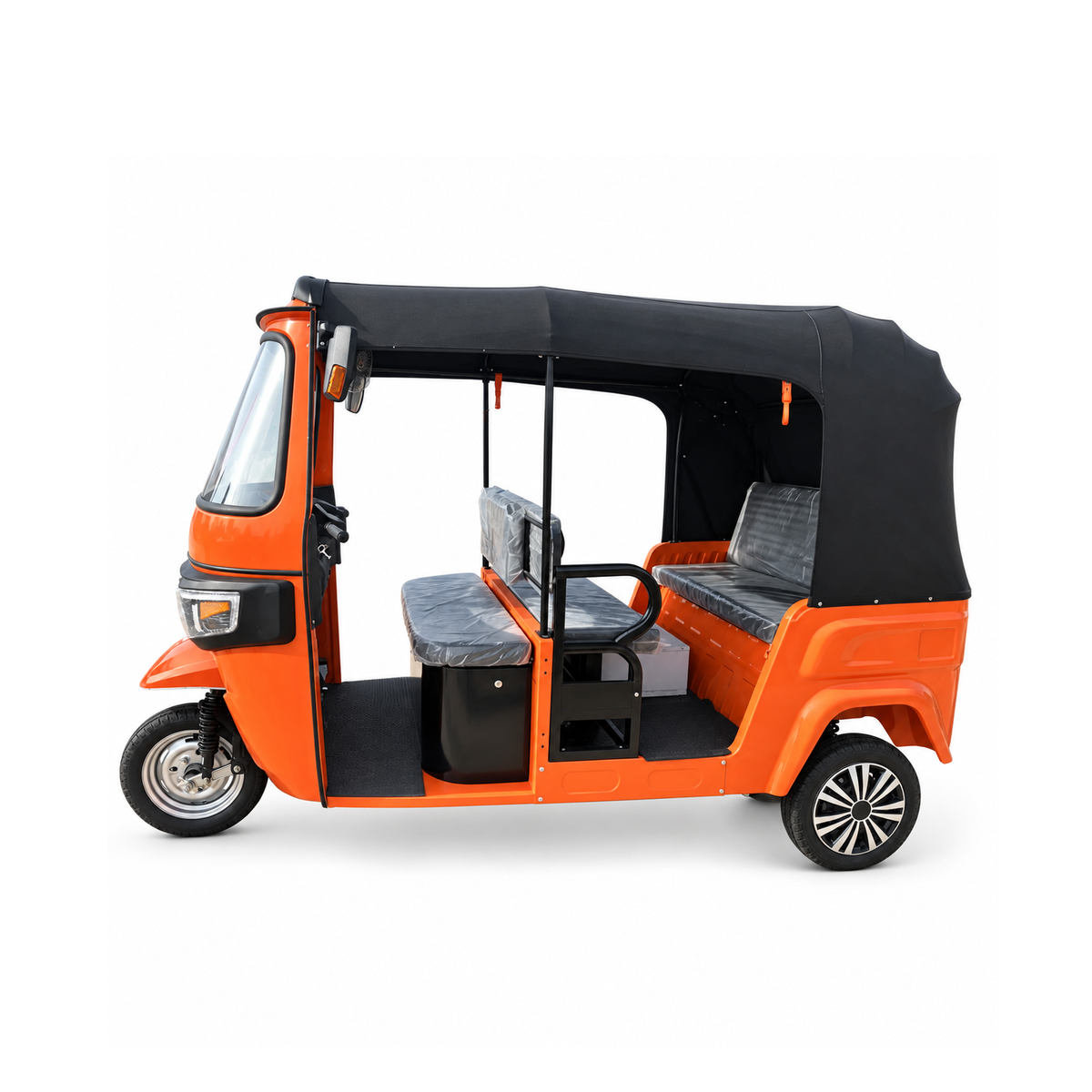 Orange J6-3000-1 electric tuk tuk with a black roof, viewed from the side