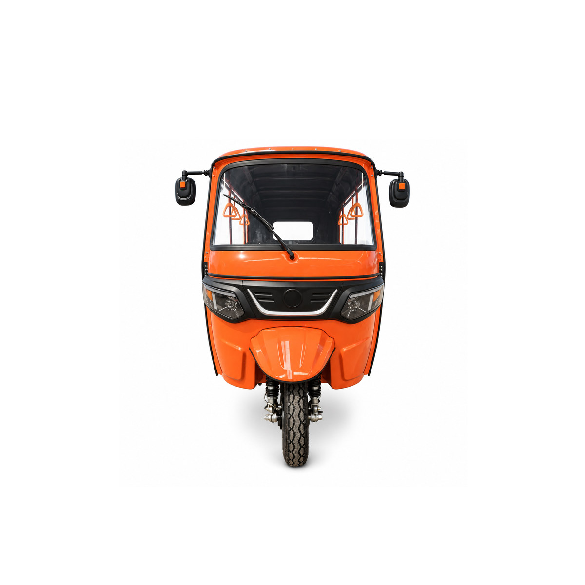 Orange J6-3000-2 electric tuk tuk viewed directly from the front