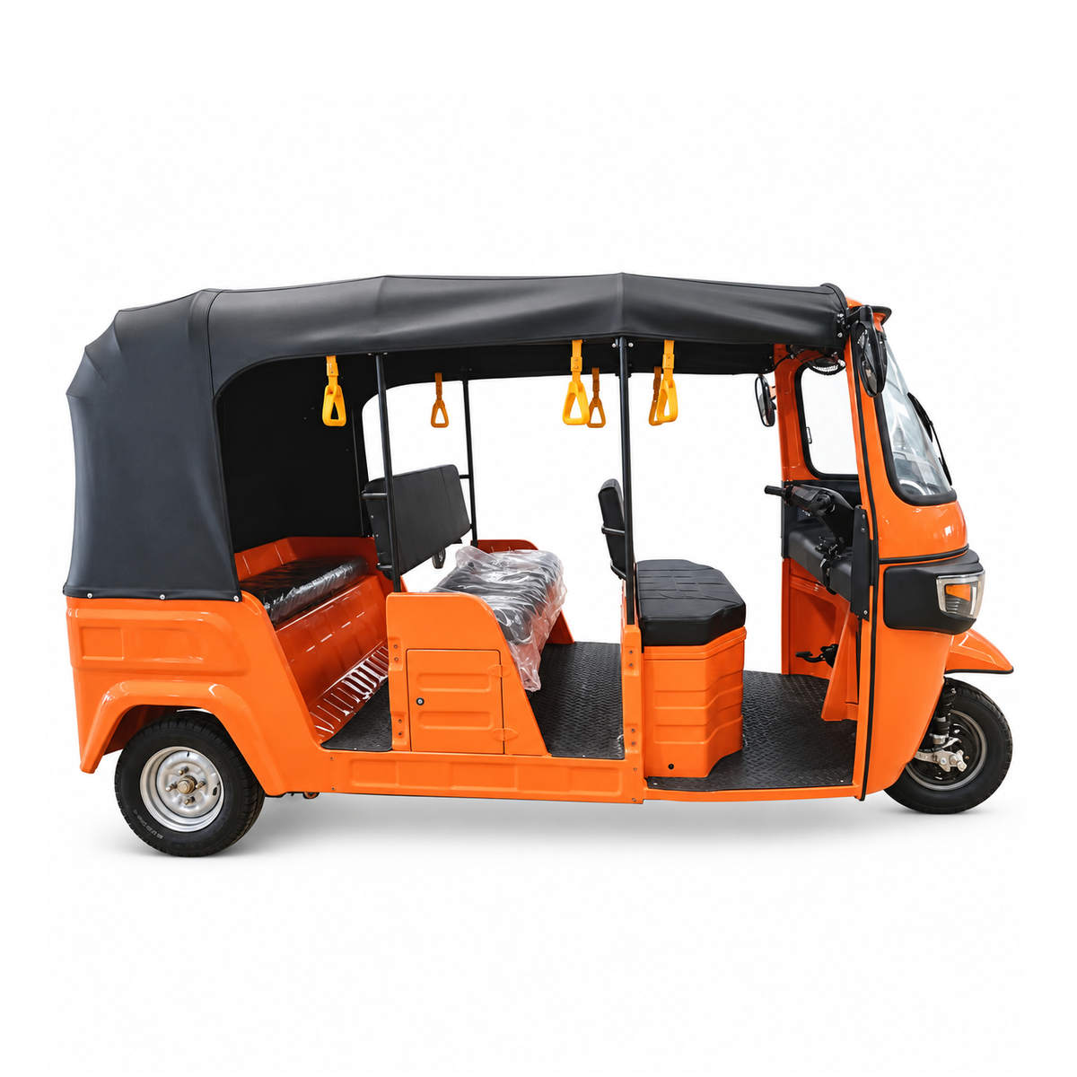 Orange J6-3000-3 electric tuk tuk with a covered passenger area