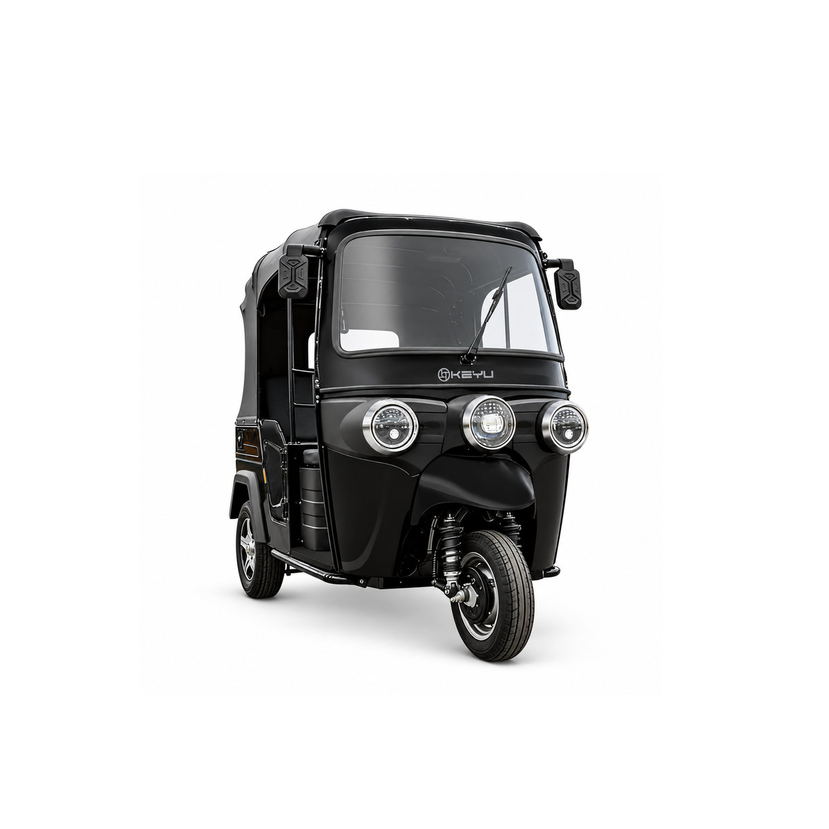 Black KYDD-1 electric tuk tuk with a covered passenger cabin