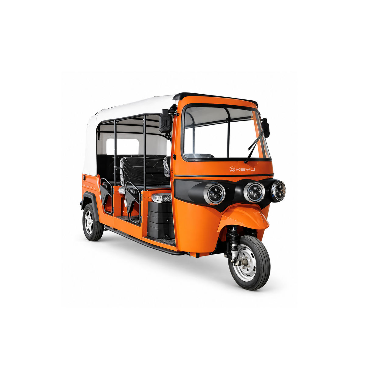 Orange KYDD-2 electric tuk tuk with open passenger entry and a black canopy