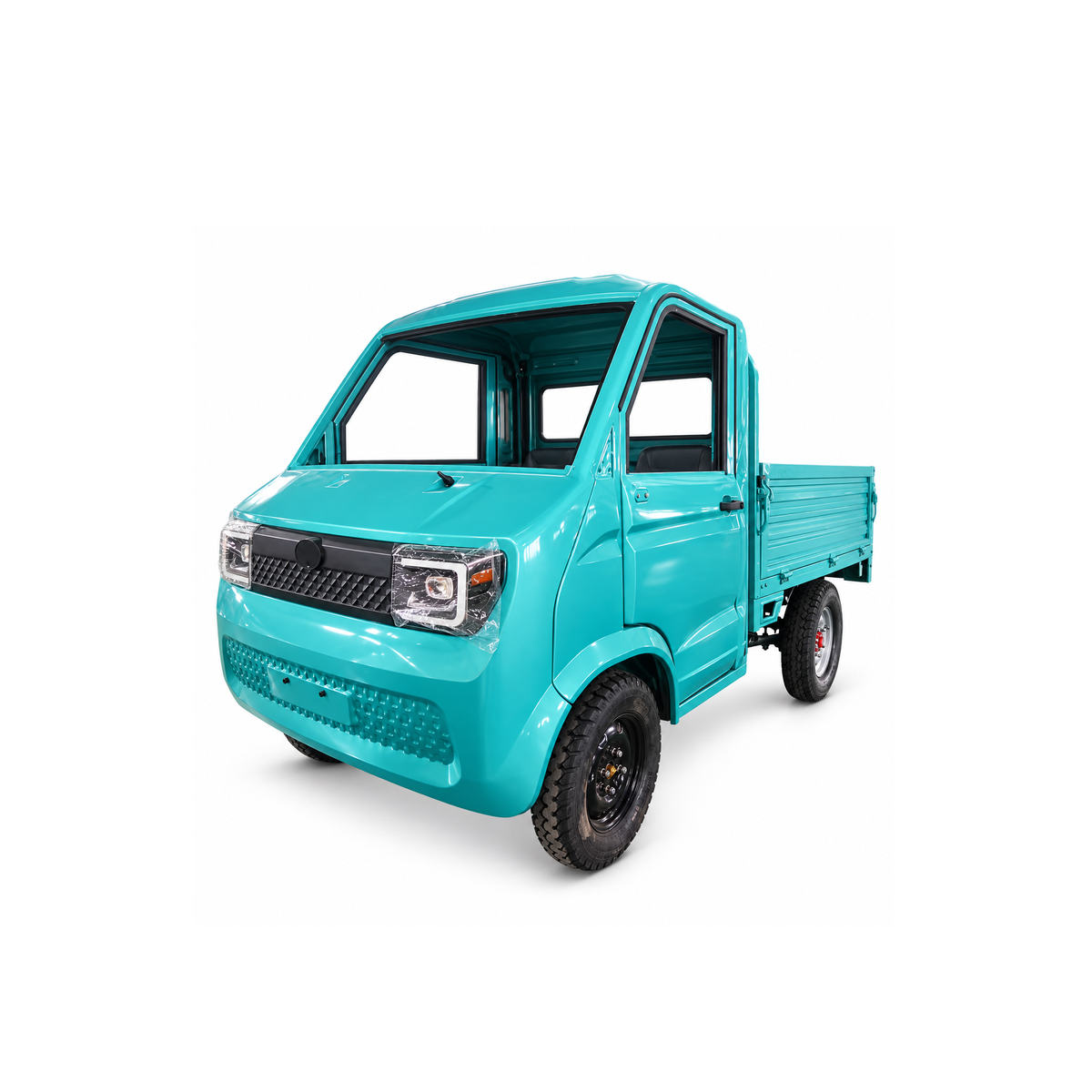 Turquoise Leika electric pickup with an open cargo bed