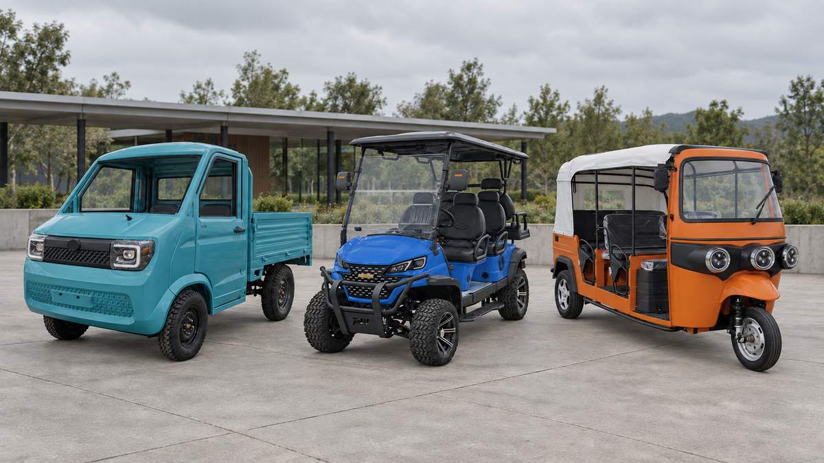 Turquoise electric pickup, blue golf cart and orange passenger tuk tuk lined up outdoors
