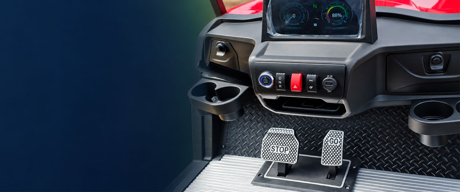 Close-up of an electric golf cart dashboard and foot pedals