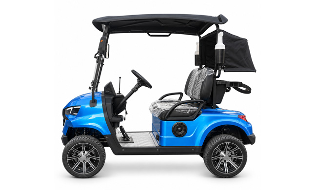 Side view of a blue two-seat electric golf cart with a black roof