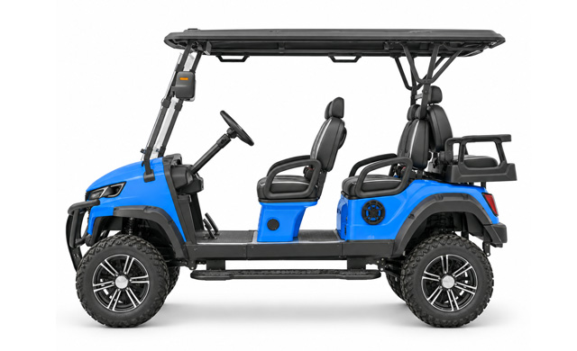 Side view of a blue multi-seat electric golf cart with a black roof