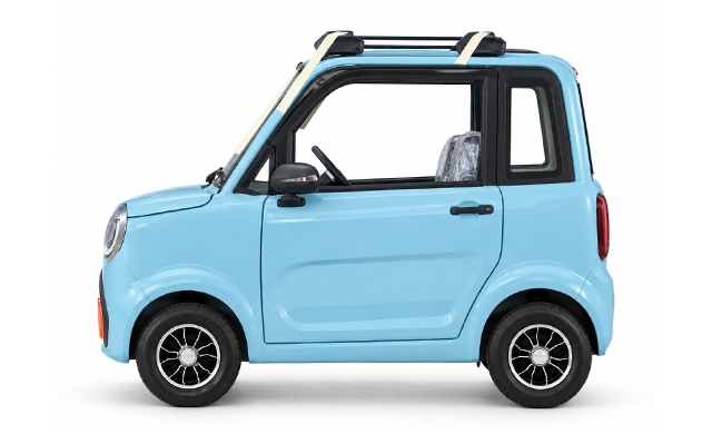 Side view of a light blue covered compact four-wheel vehicle