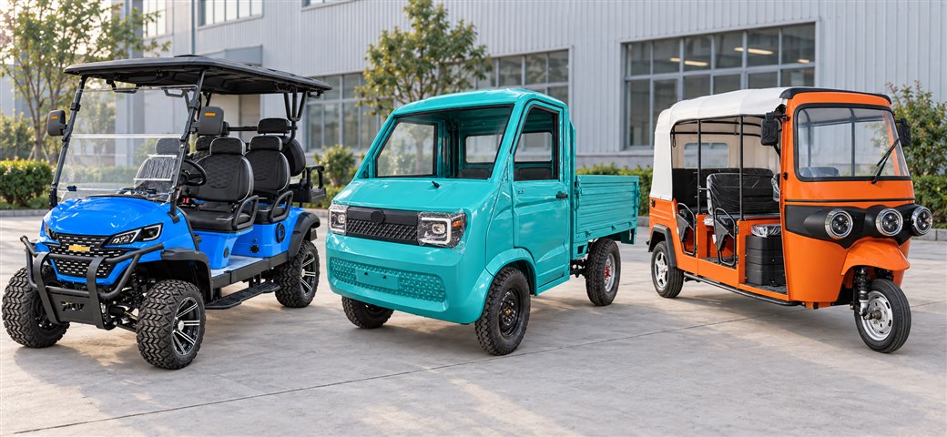 Blue golf cart, turquoise pickup and orange tuk tuk outside a building