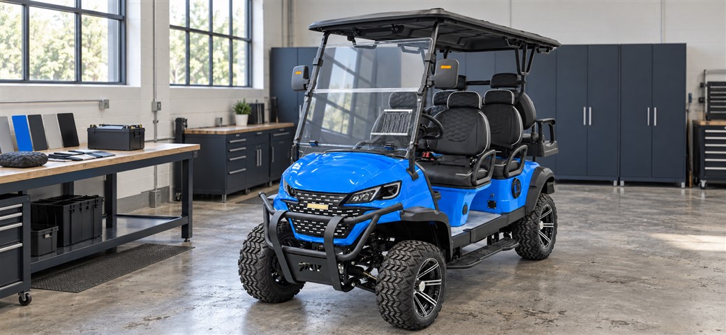 Blue electric golf cart on a workshop floor