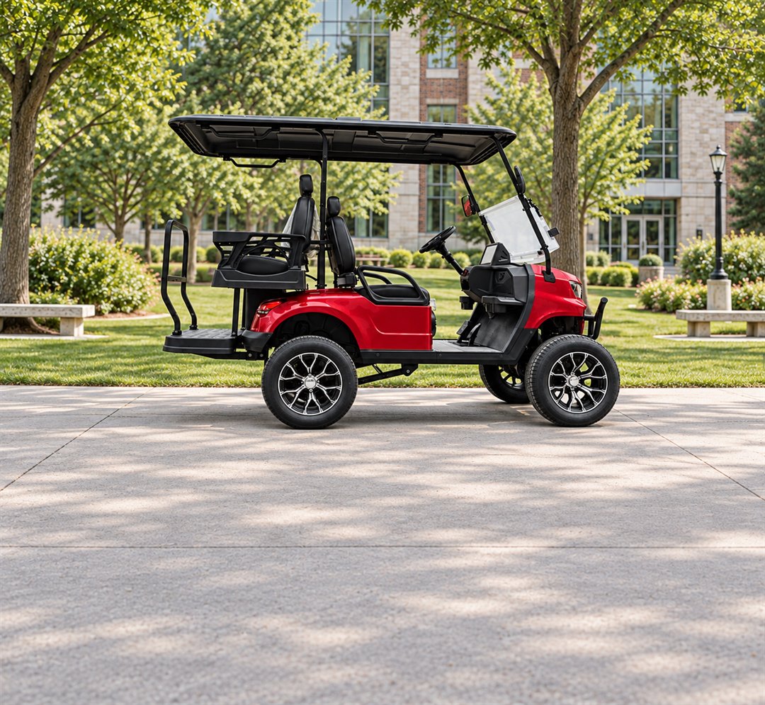 Red electric golf cart with rear-facing seating on a paved path