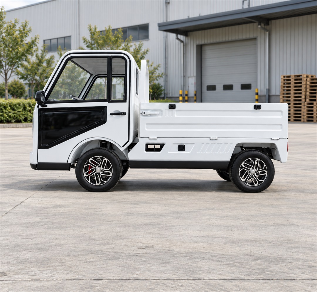 White electric pickup with a cargo bed outside a building
