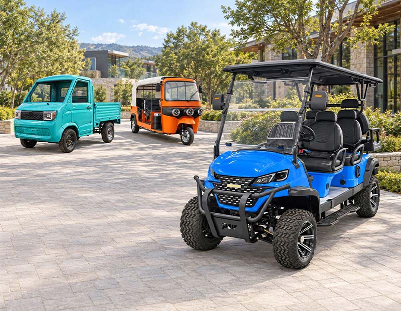 Blue golf cart in front of an orange tuk tuk and turquoise pickup